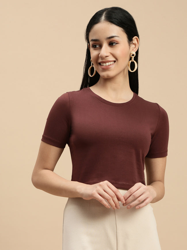 Women Brown Half Sleeve Crop Top