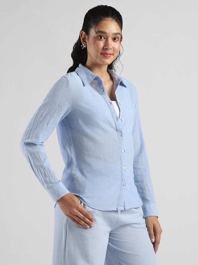 Women Blue Textured Regular Fit Shirt