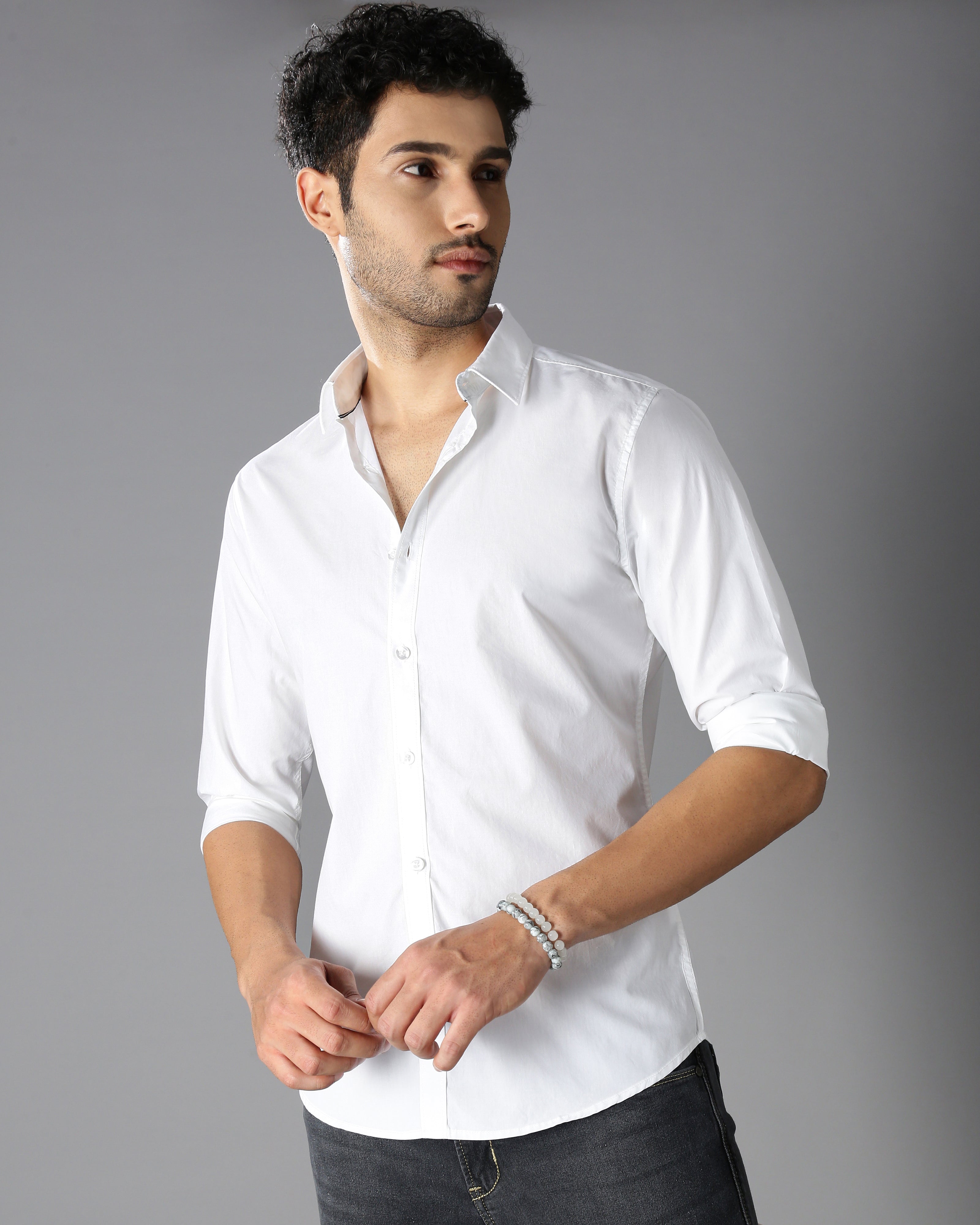 Men White Cotton Slim Shirt