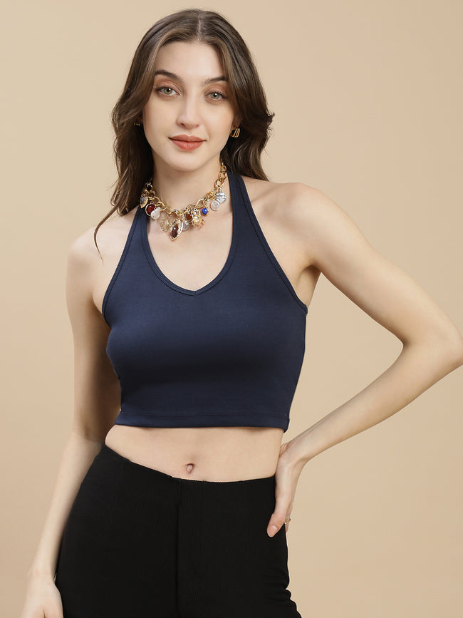 Women Navy Halter Neck Crop Top