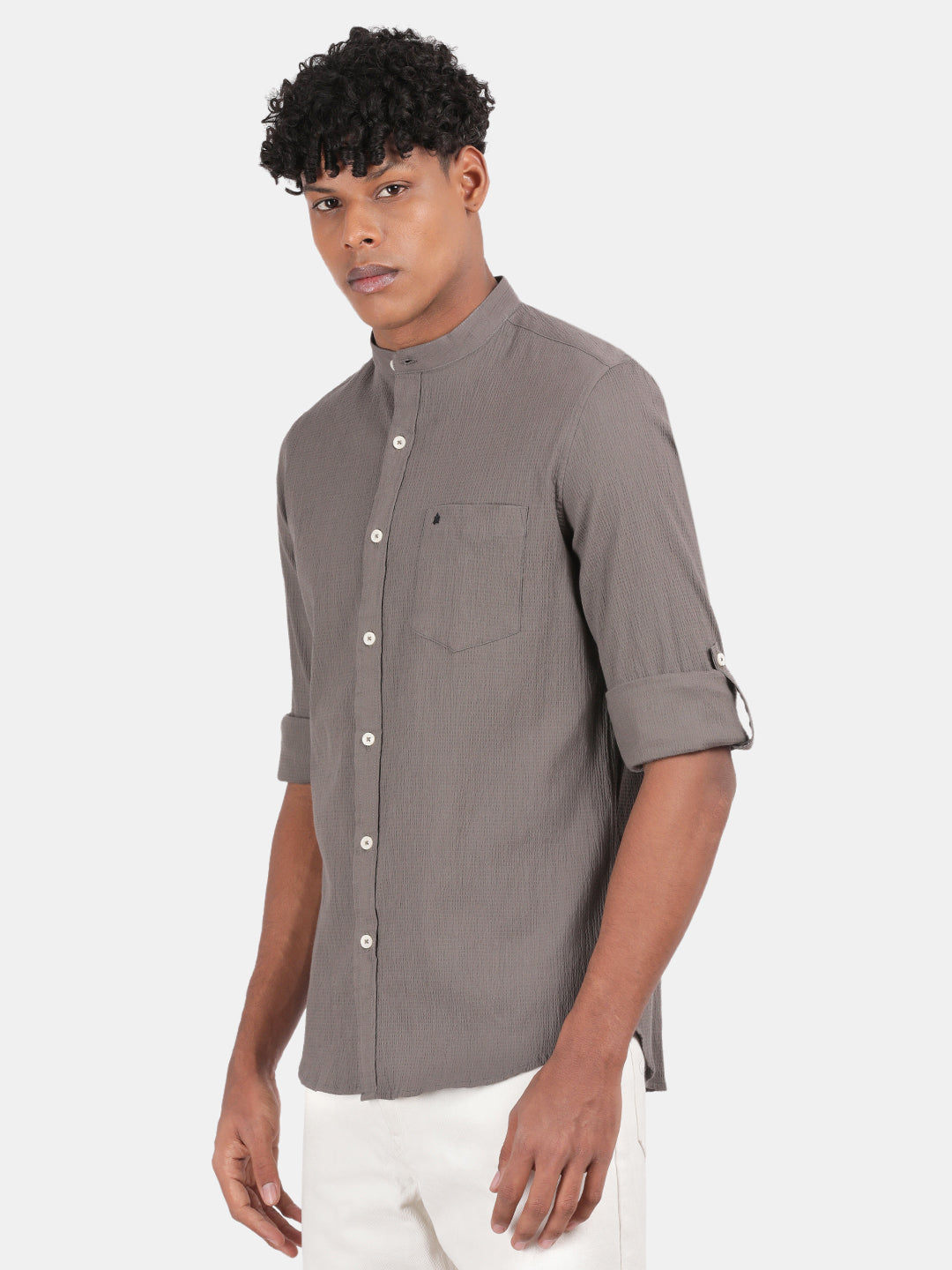 Men Grey Slim Fit Mandarin Collar Full Sleeve Casual Shirt