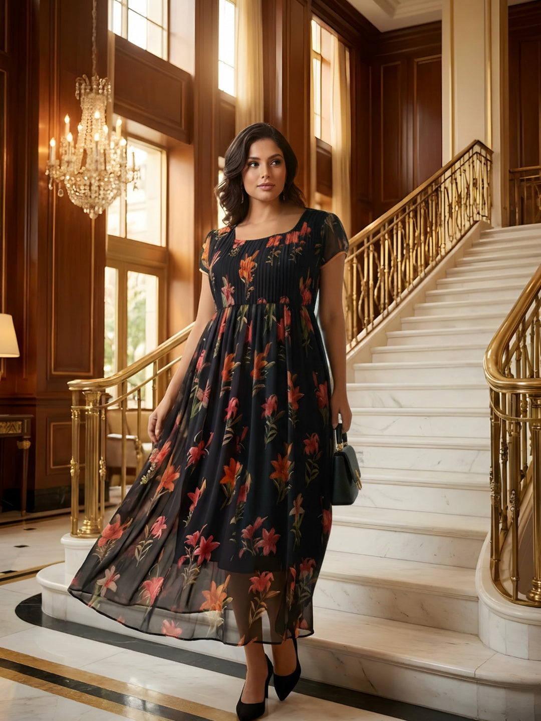 Women Black Floral Chiffon Dress