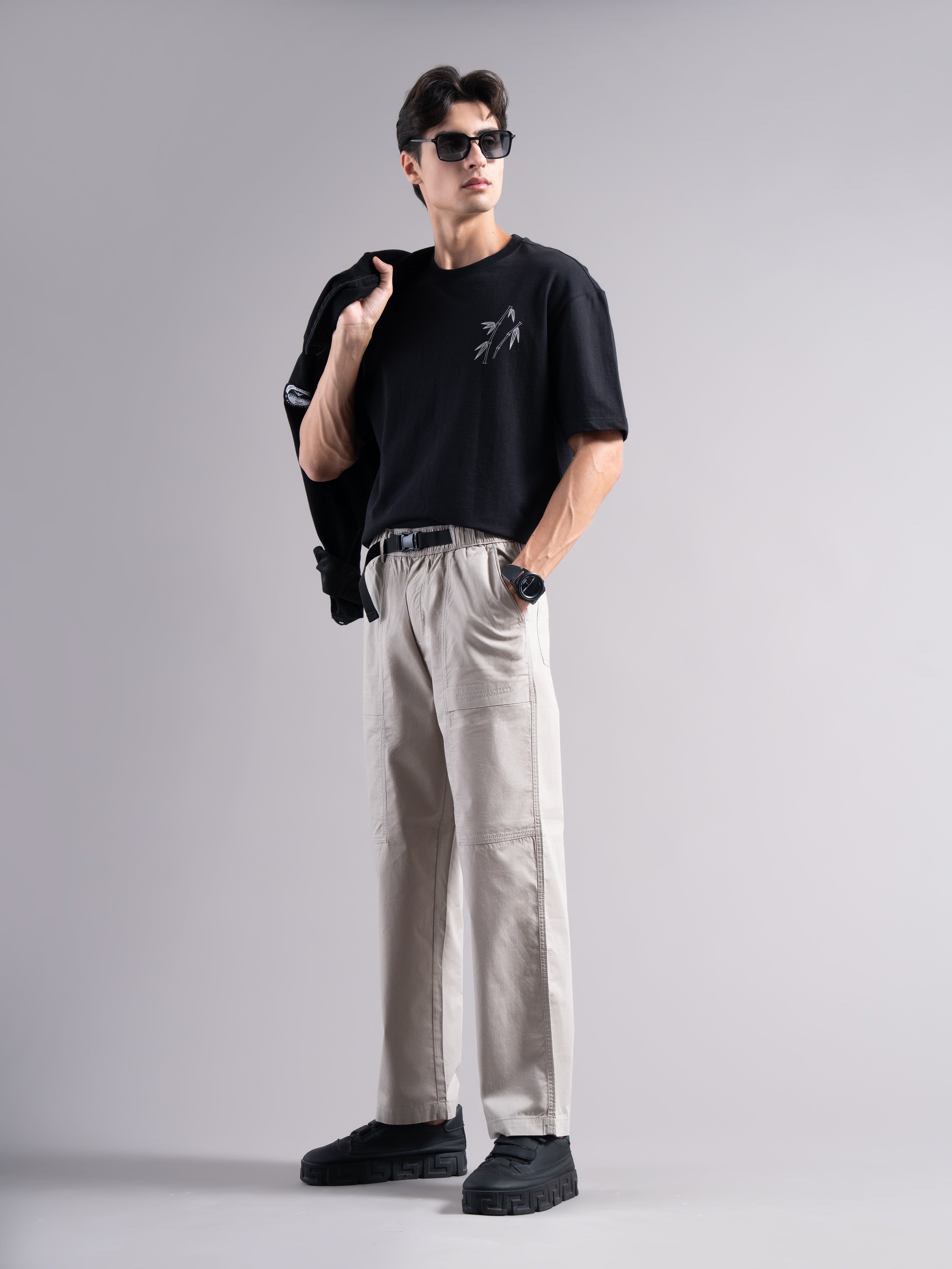 Men Grey Buckle Waist Trousers