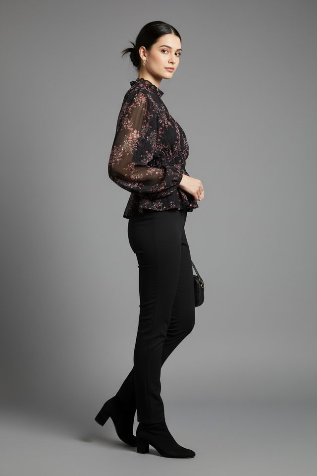 Women Polyester Black Floral Sheer Peplum Top