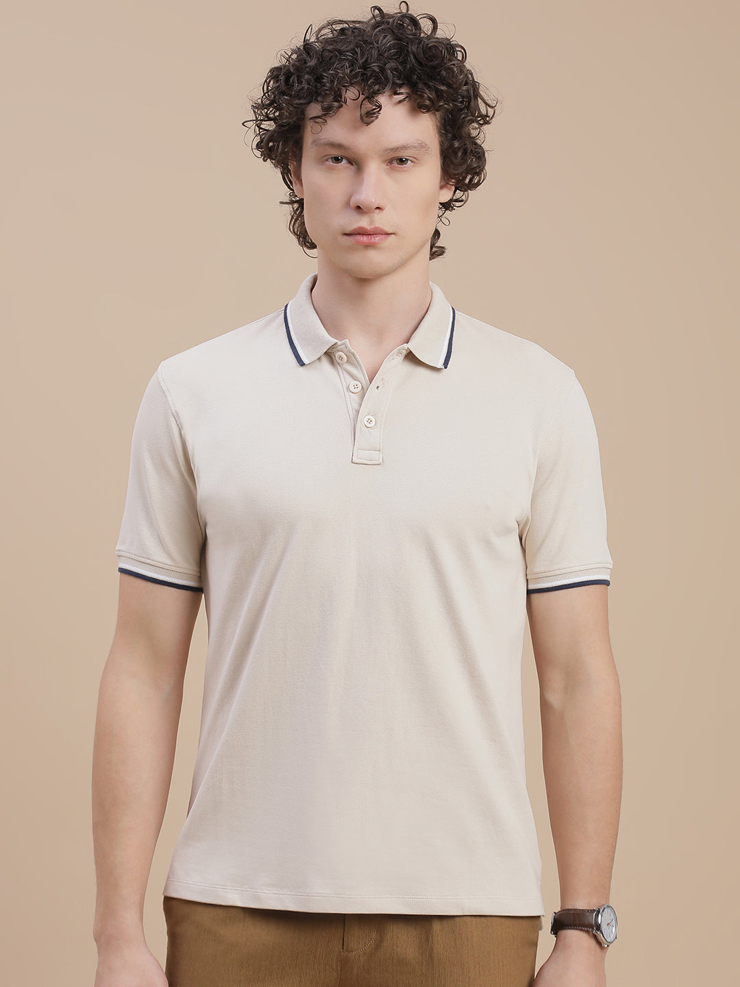 Men Beige Basic Polo T-Shirt