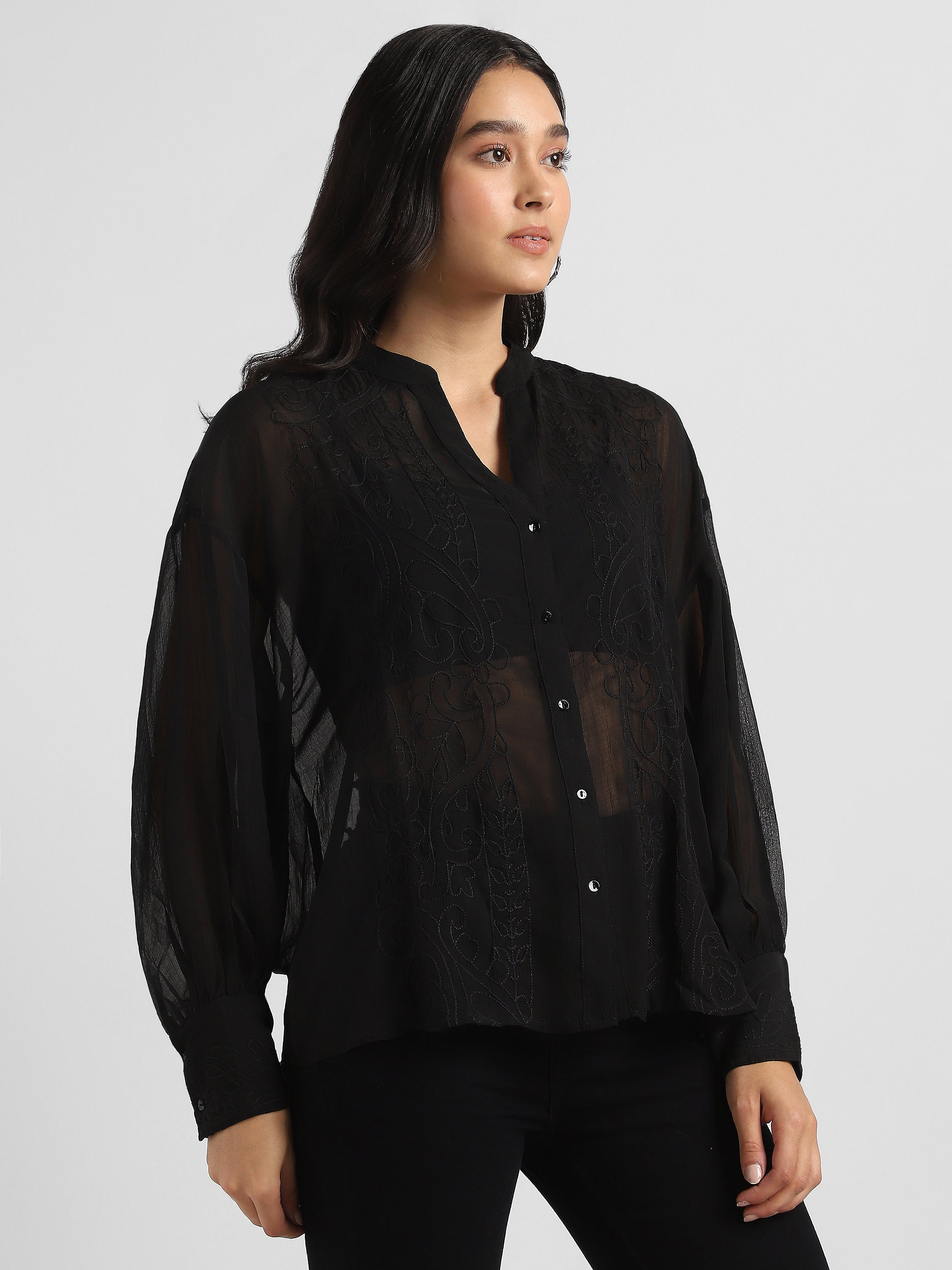 Women Black Embroidered Top