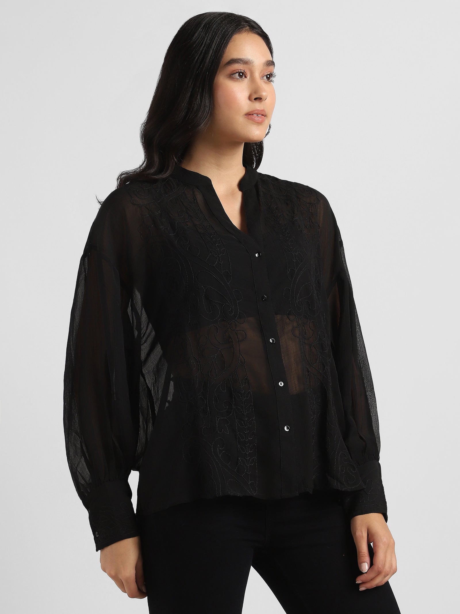 Women Black Embroidered Top