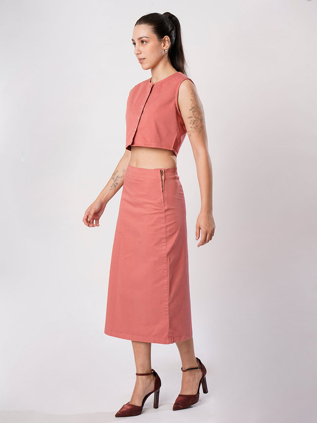 Women Pink Sleeve less top and Skirt Coord Set