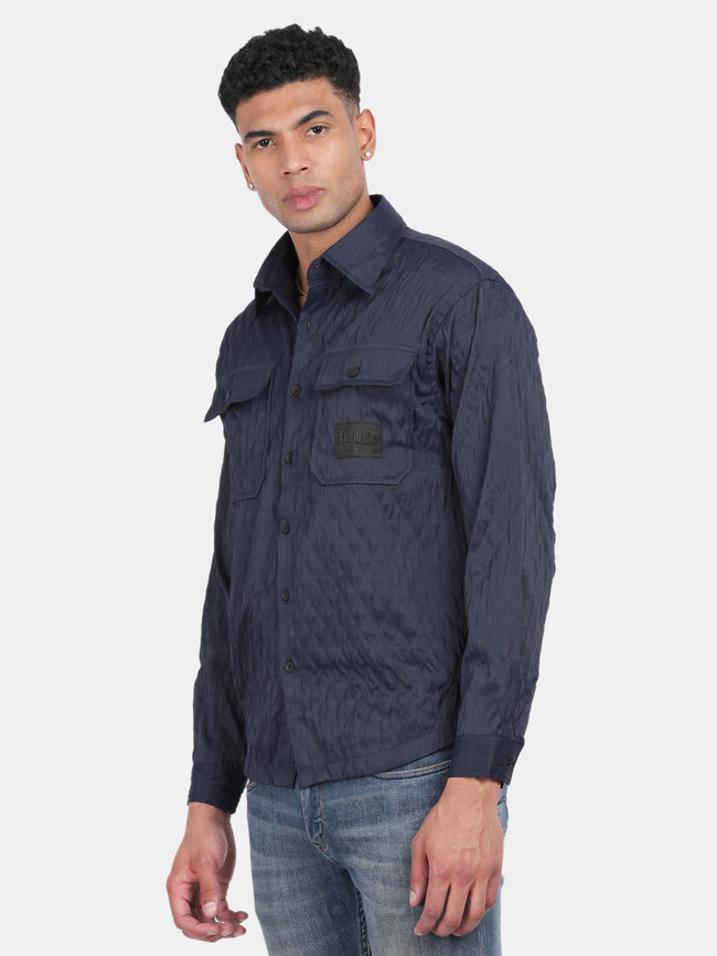 Men Navy Slim Fit Spread Collar Full Sleeve Casual Shirt