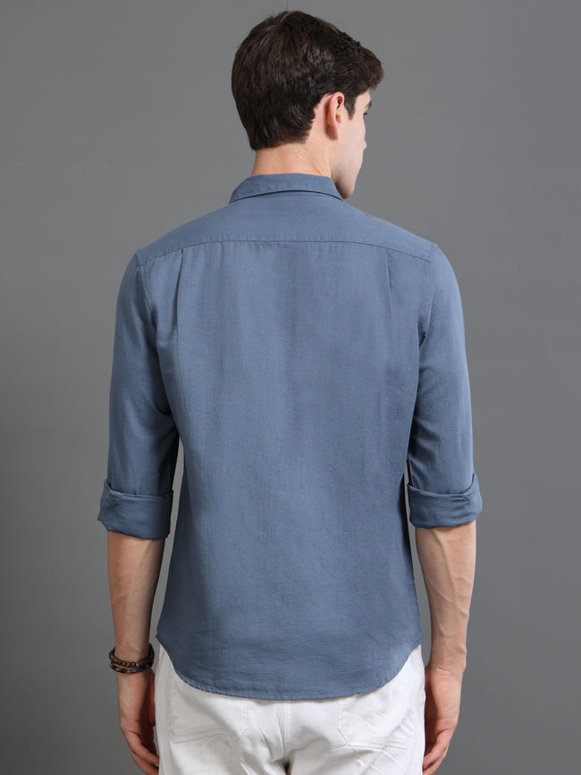 Men Blue Cotton Linen Slim Fit Shirt