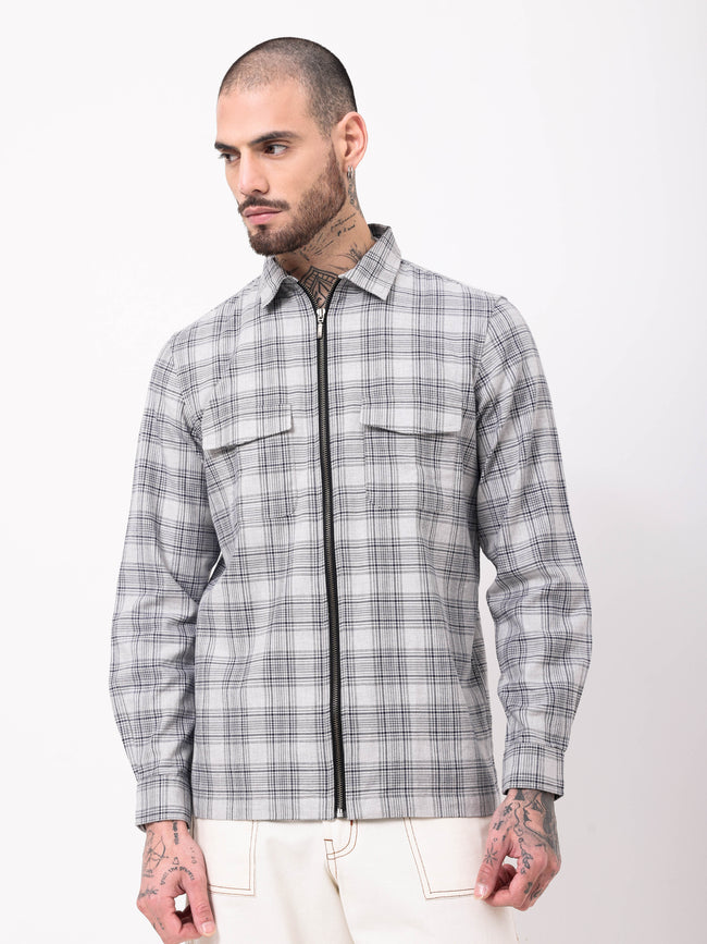 Men Grey Checked Shacket