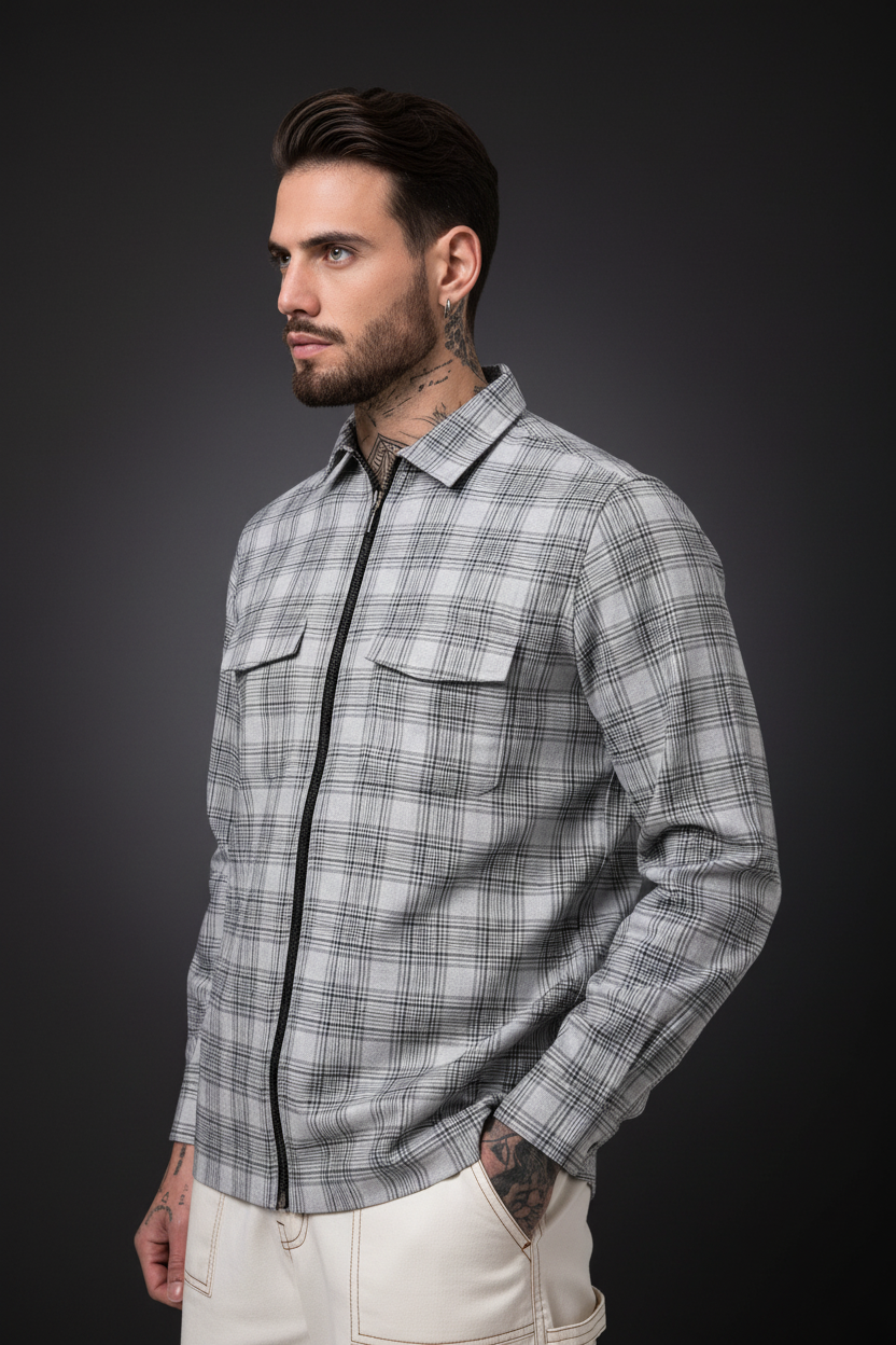 Men Grey Checked Shacket