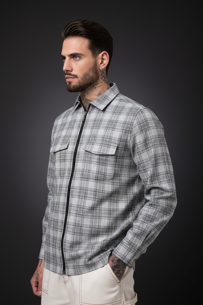 Men Grey Checked Shacket