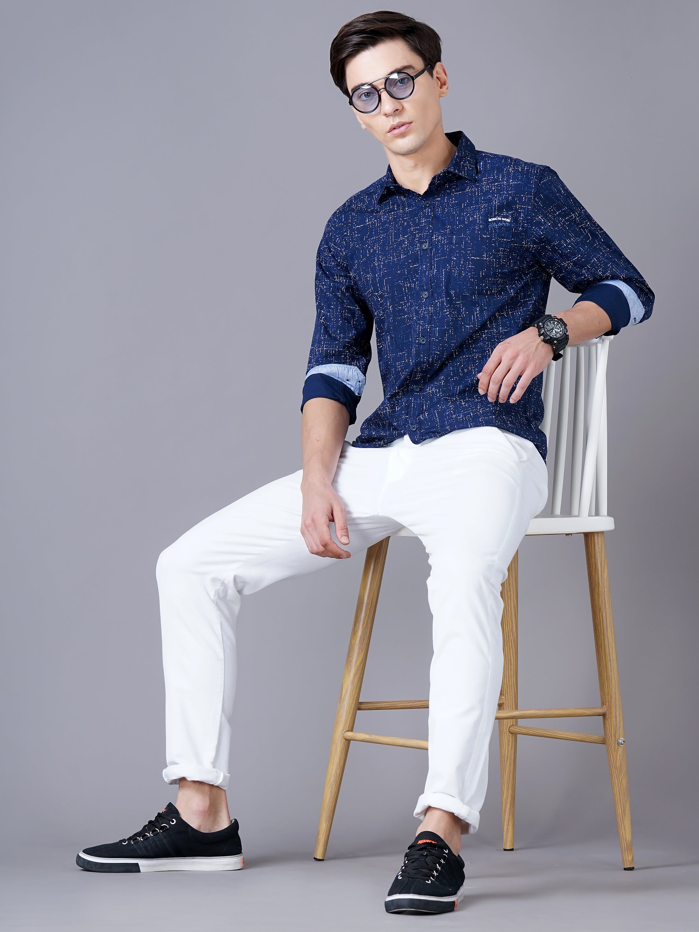 Men Blue Cotton Slim Shirt