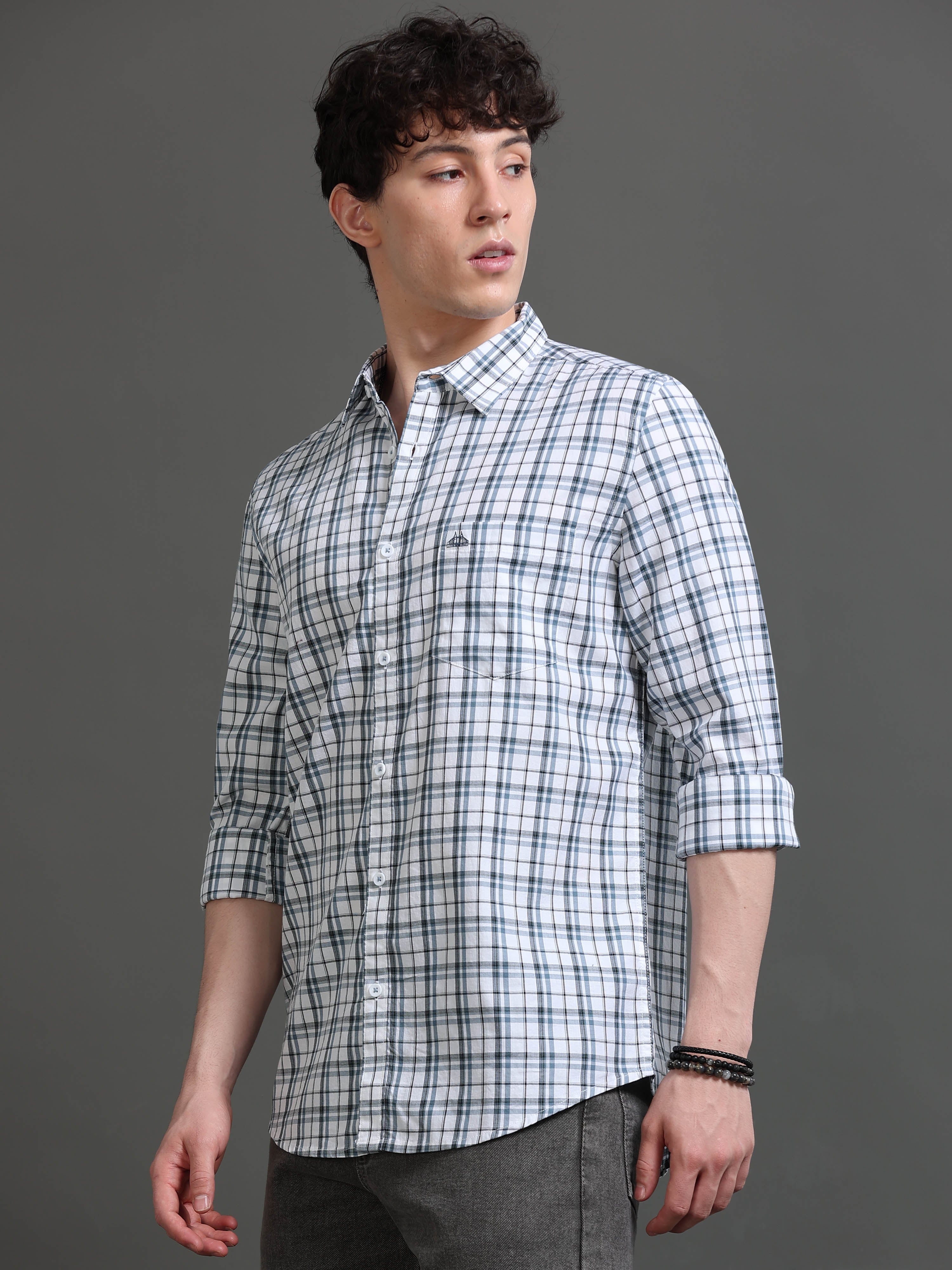 Men White Checked Shirt