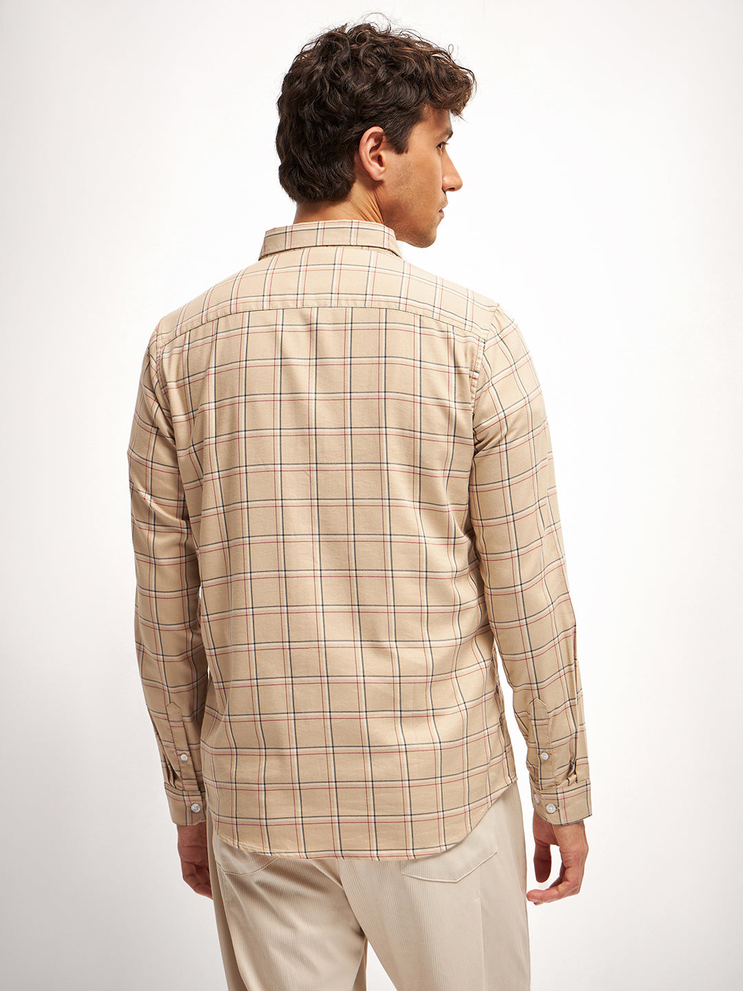 Men Beige Checked Slim Fit Casual Shirt