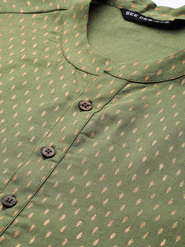 Men Green & Gold Stripe Printed Straight Kurta