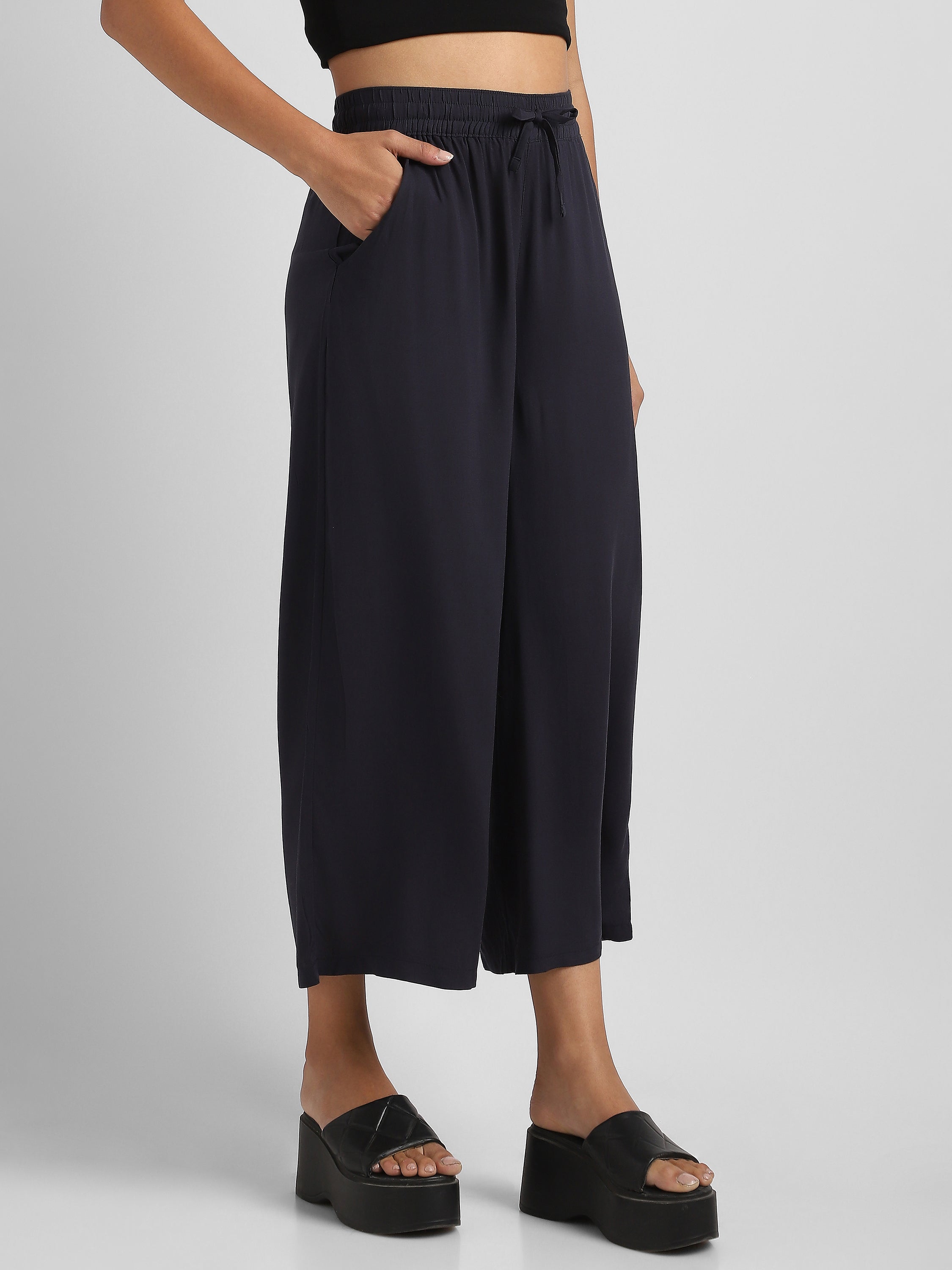 Women Navy  Flowy Wide-Leg Pants with Drawstring