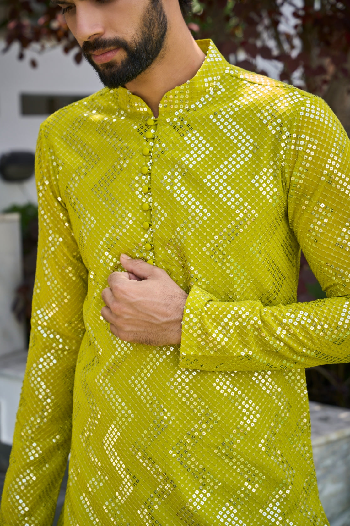 Men Lime Sequins Kurta