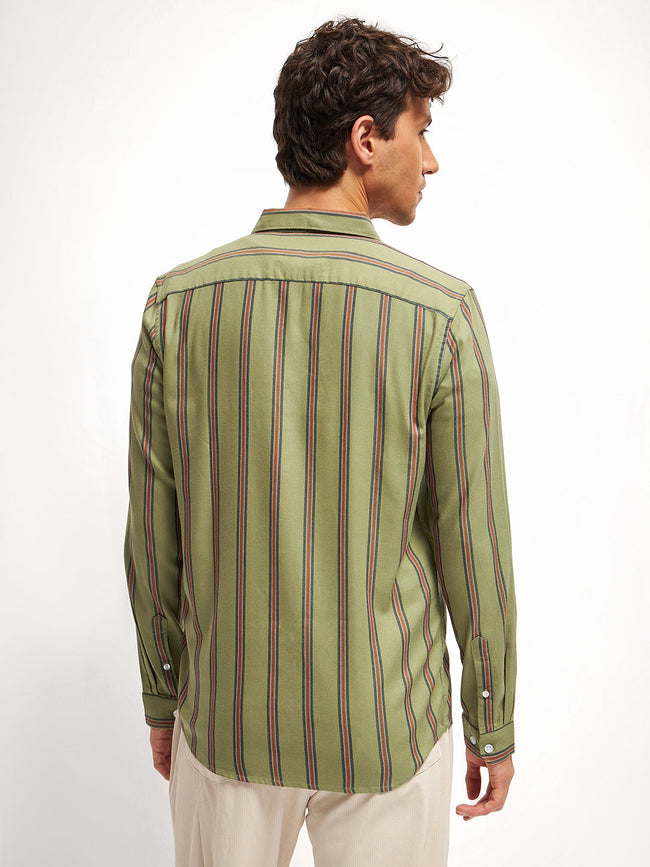 Men Olive Stripe Slim Fit Casual Shirt