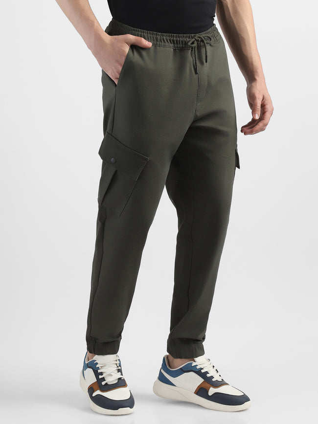 Men Olive Cotton Blend Cargo Jogger Pants