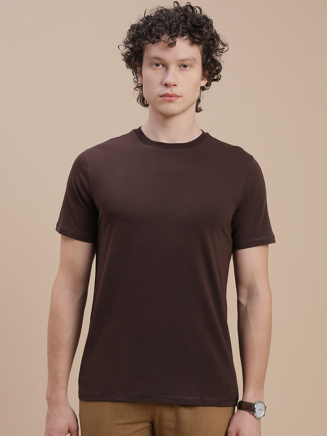 Men Brown Basic Crew Neck T-Shirt