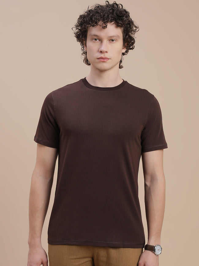 Men Brown Basic Crew Neck T-Shirt