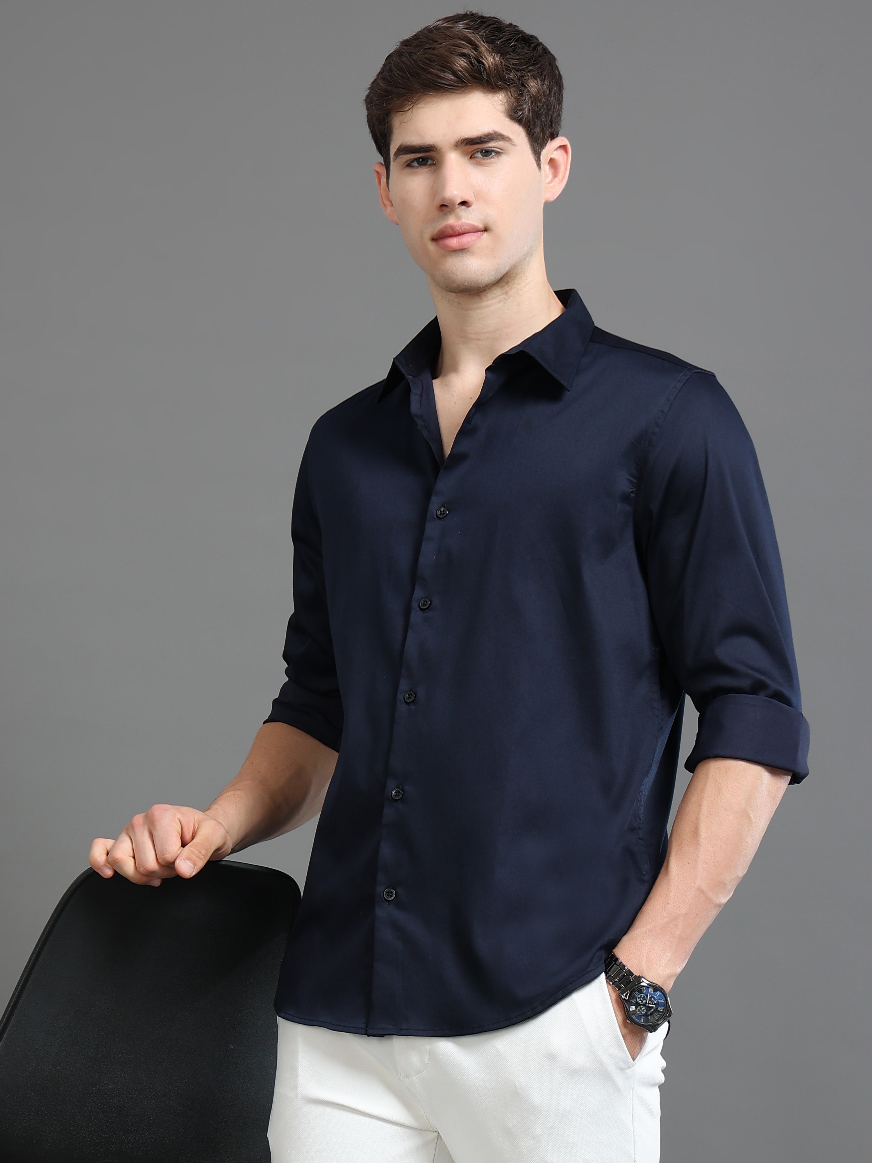 Men Navy  Satin Shirt