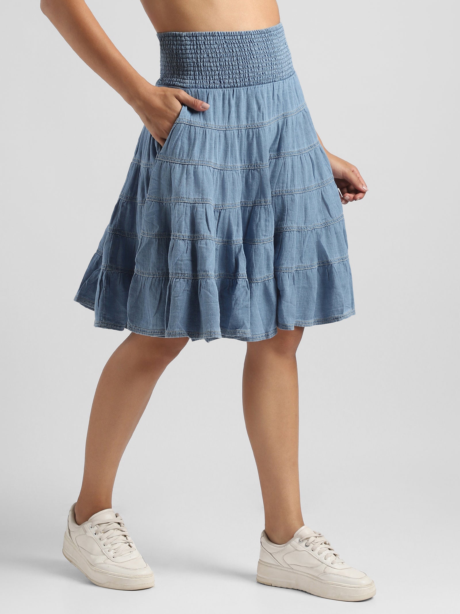Women Blue Tier Denim Skirt with Smocked Waist