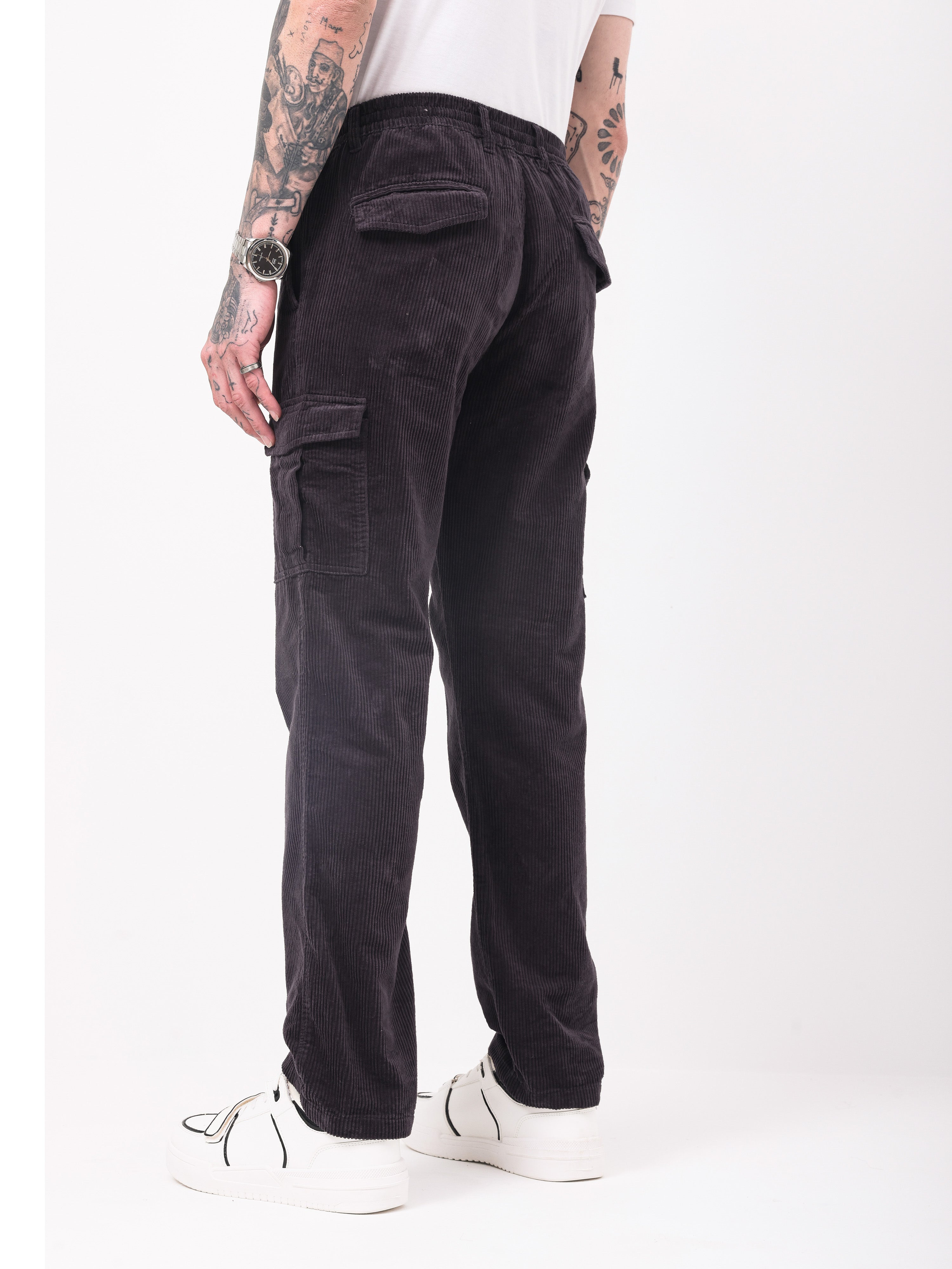 Men Black Corduroy Cargo Pants