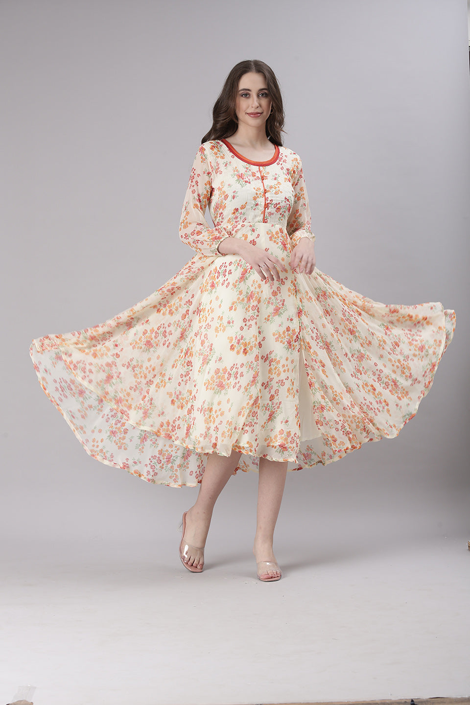 Women Cream Floral Printed Fit & Flare Dress