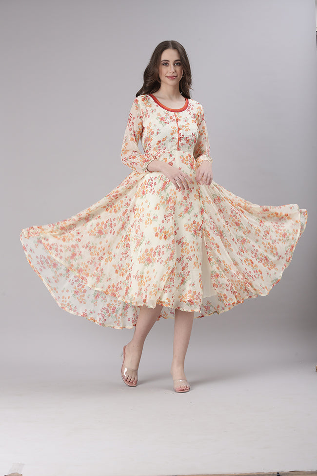 Women Cream Floral Printed Fit & Flare Dress