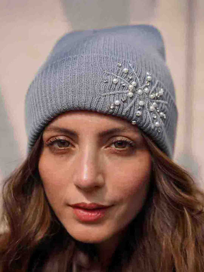 Grey Beanie with Pearls & Crystals