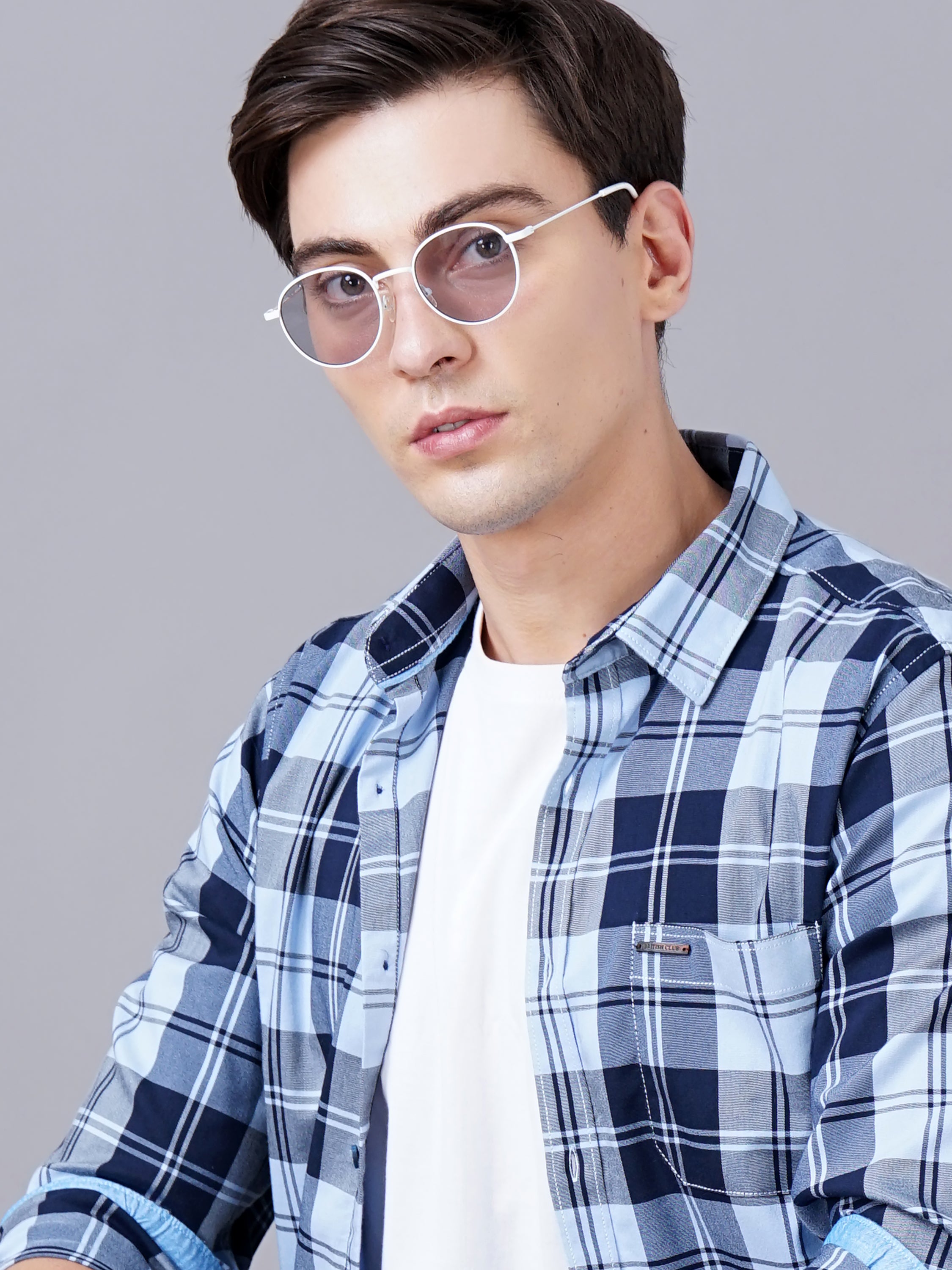 Men Blue Cotton Slim Shirt