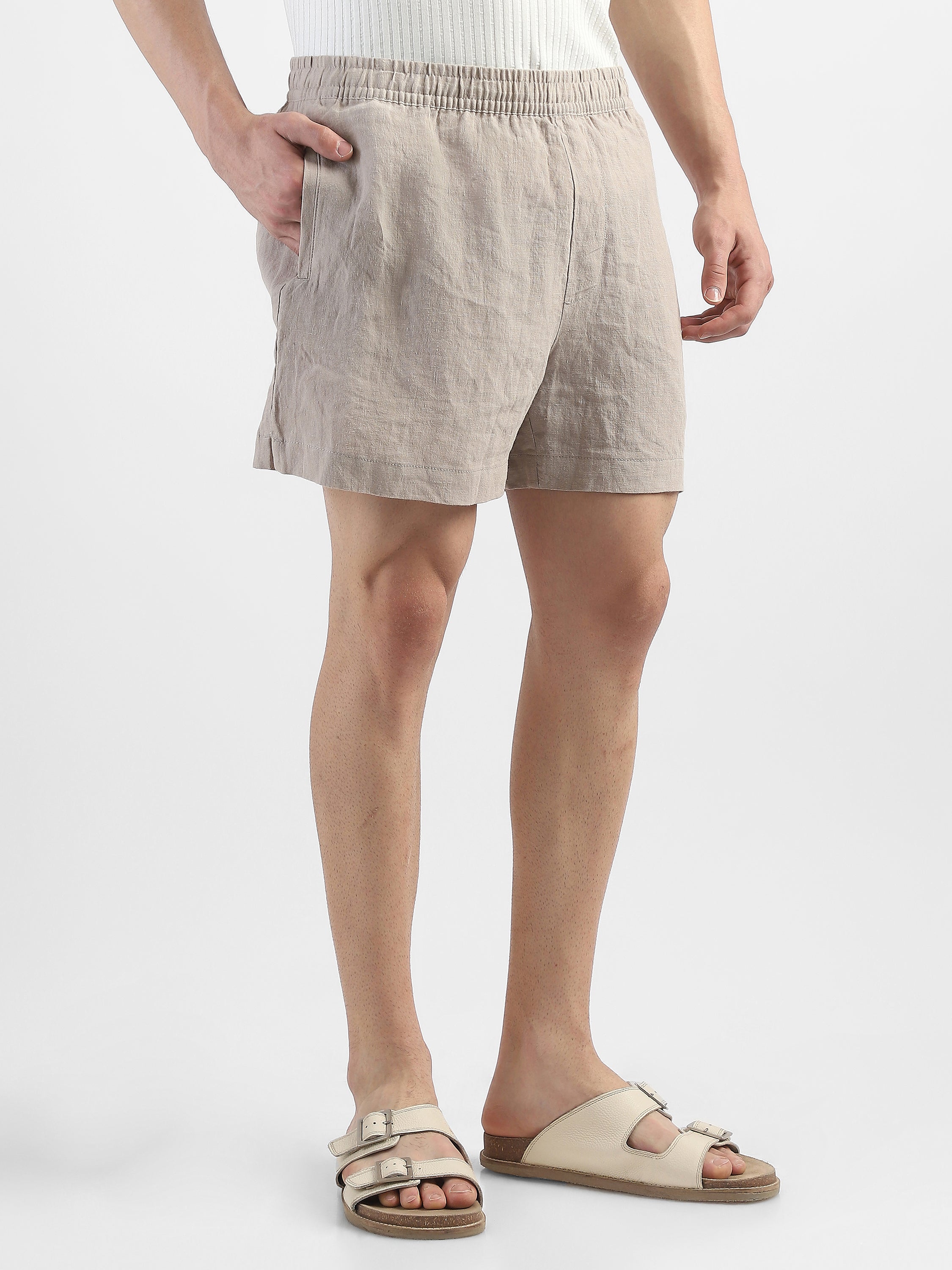 Men Beige Cotton Linen Shorts