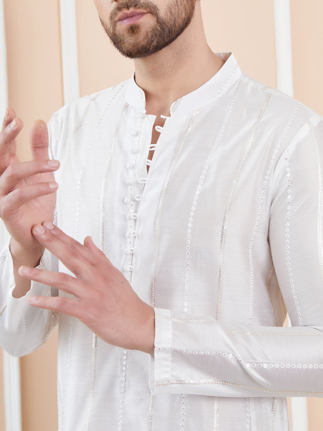 Men Off White Sequins Embroidered Chanderi Silk Kurta