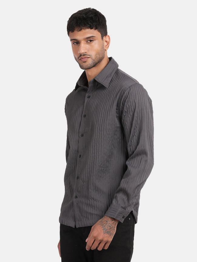 Men Dark Grey Slim Fit Spread Collar Full Sleeve Casual Shirt