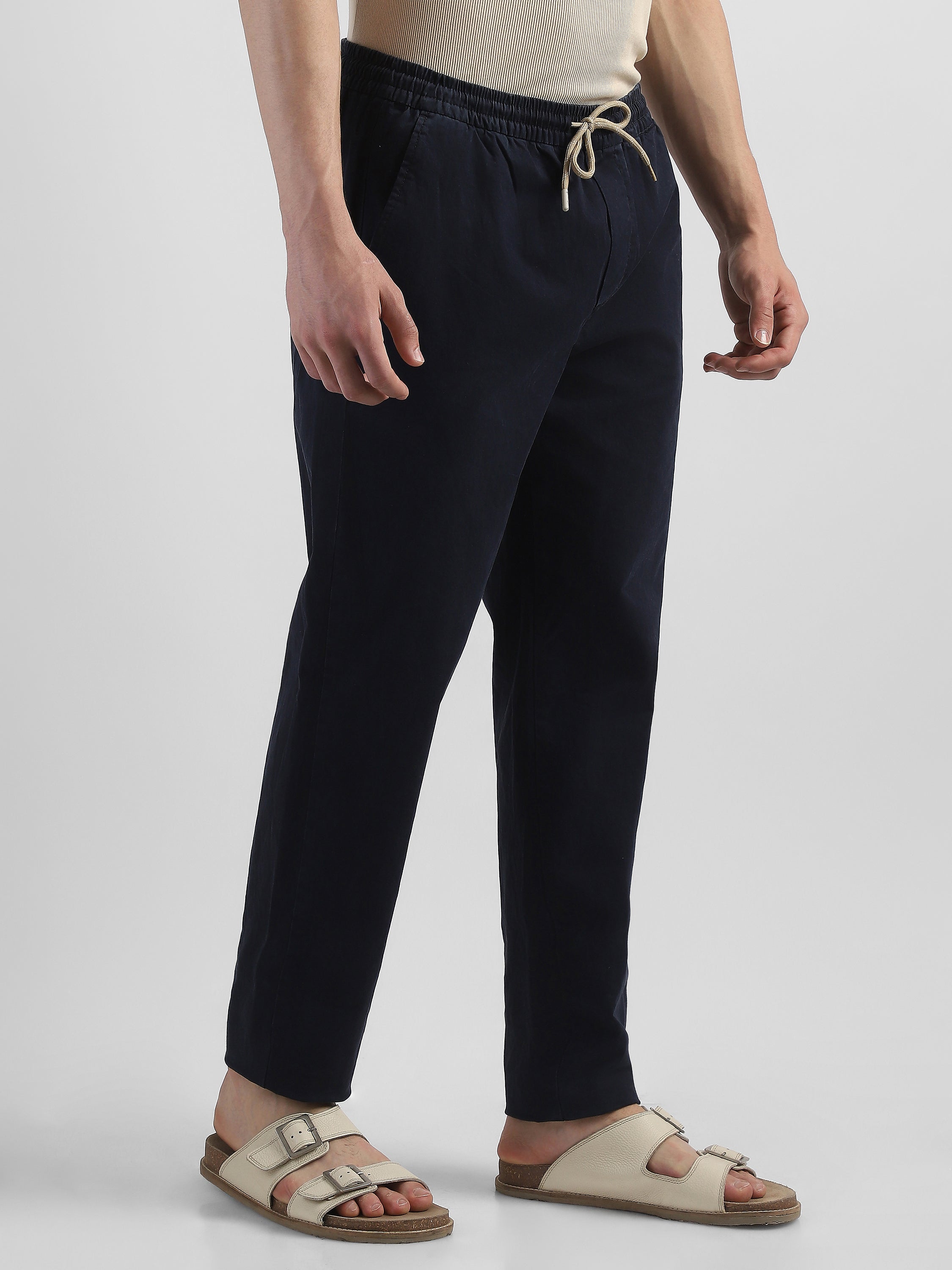 Men Navy Cotton Blend Pants