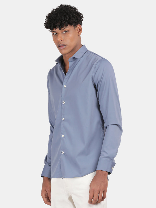 Men Blue Slim Fit Spread Collar Full Sleeve Casual Shirt