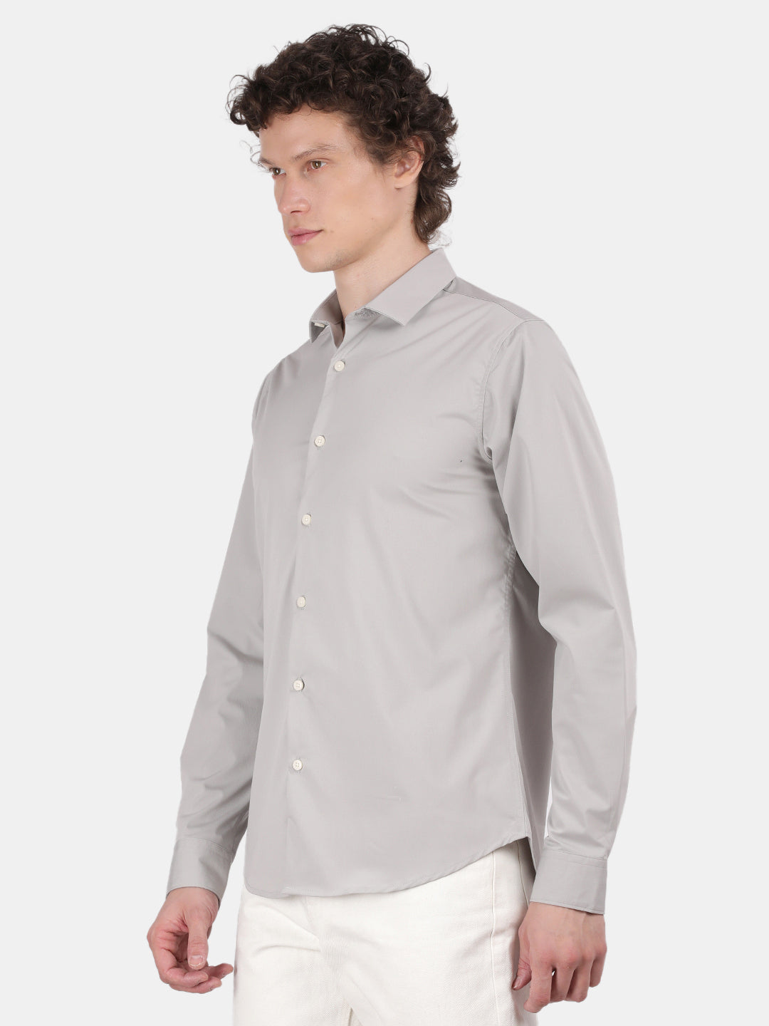 Men Silver Slim Fit Spread Collar Full Sleeve Casual Shirt