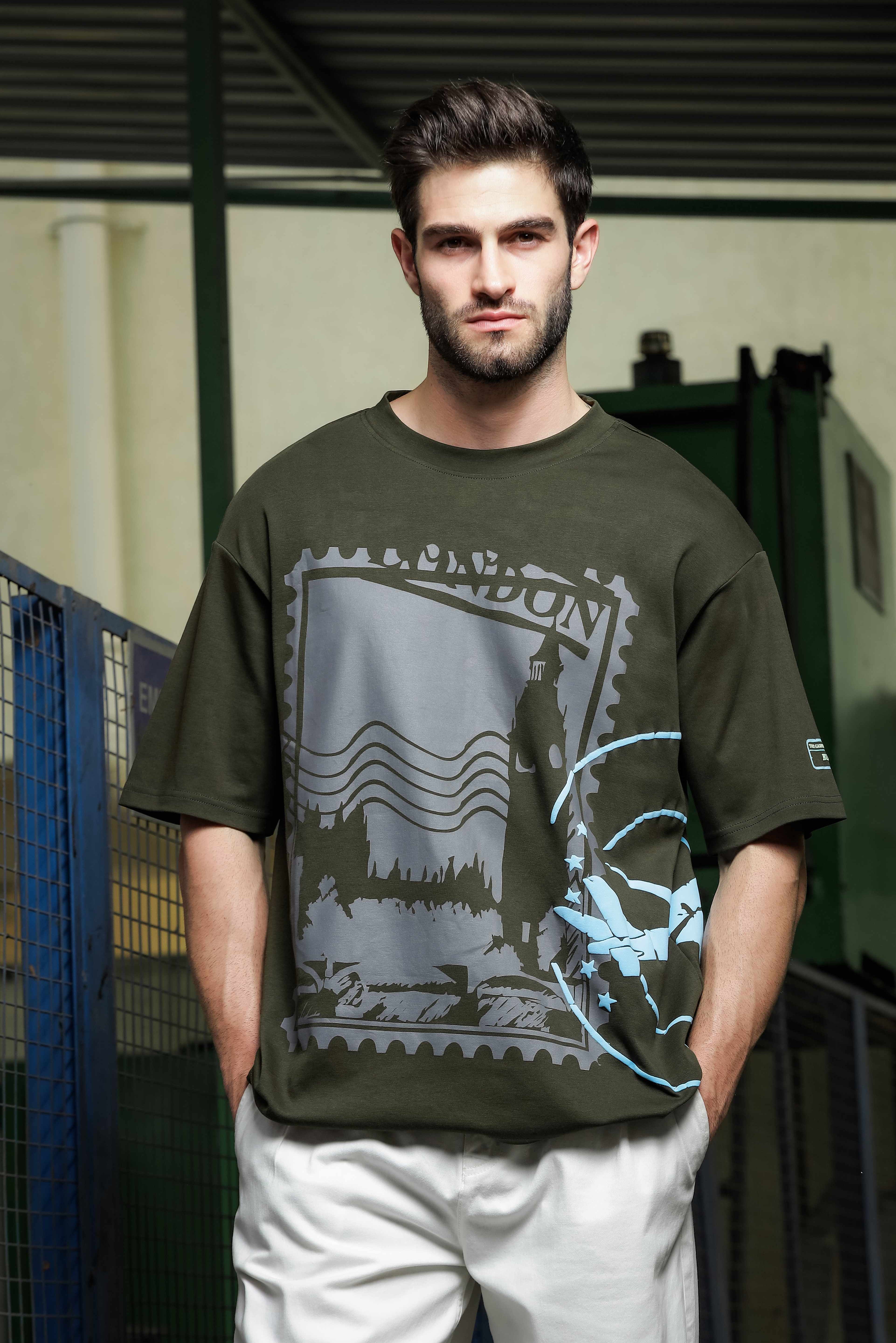 Unisex Olive Oversized Printed T-shirt