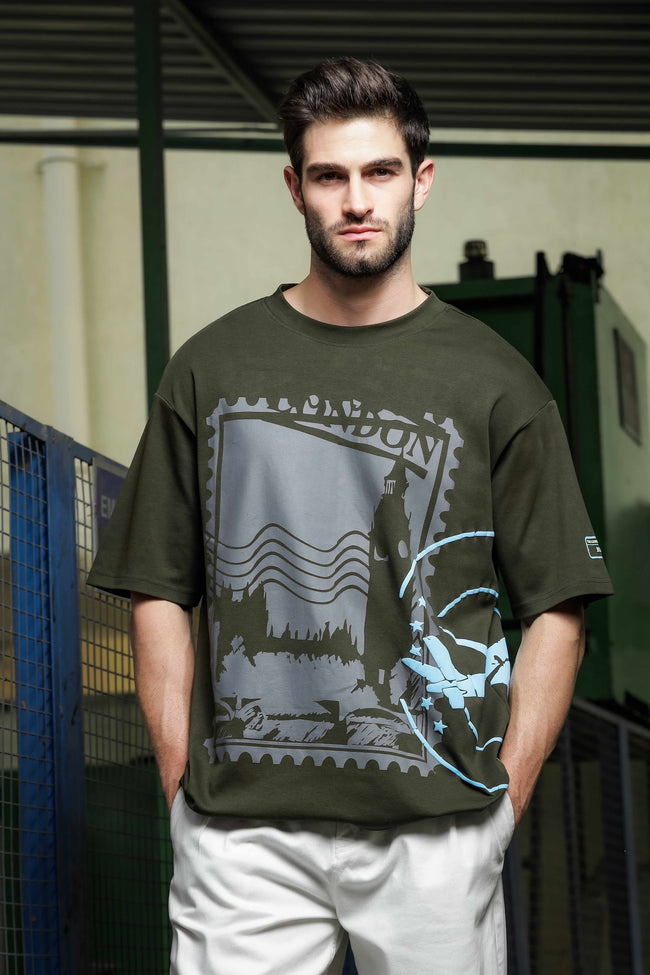 Unisex Olive Oversized Printed T-shirt