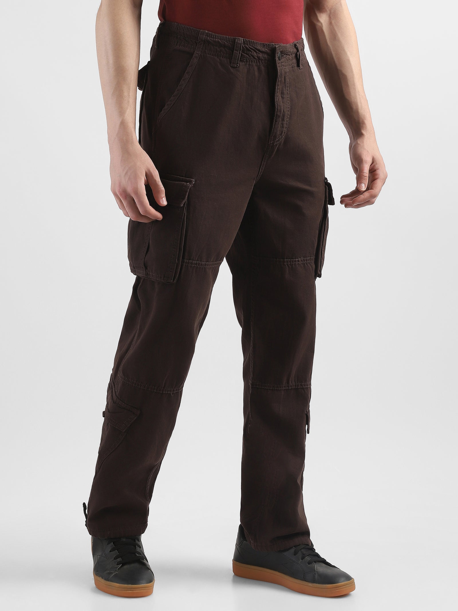 Men Brown Cotton Blend Cargo Pants with 8 Pockets