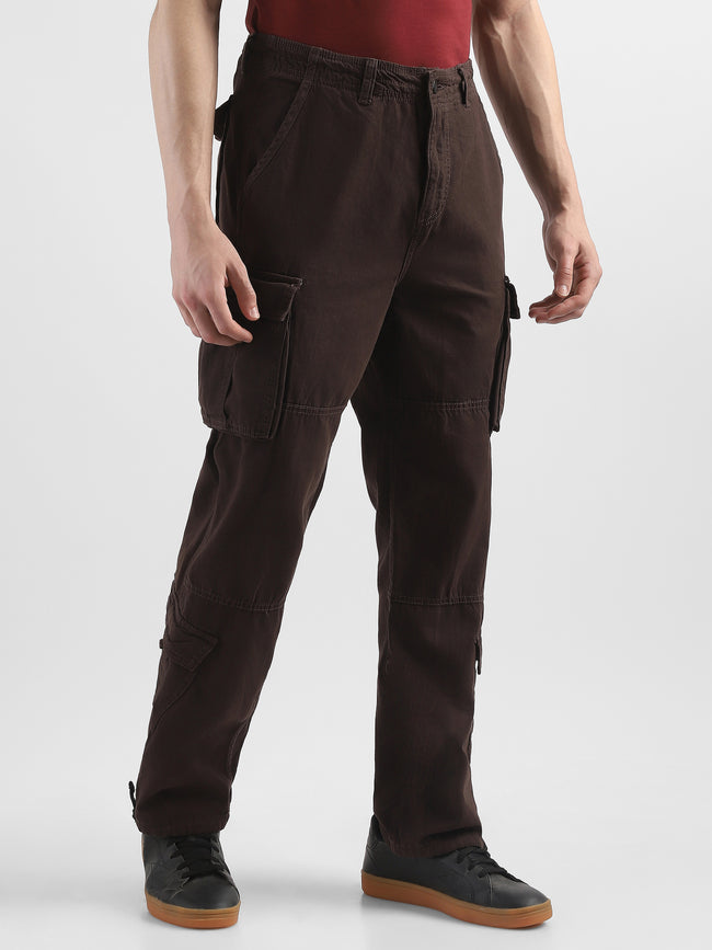 Men Brown Cotton Blend Cargo Pants with 8 Pockets
