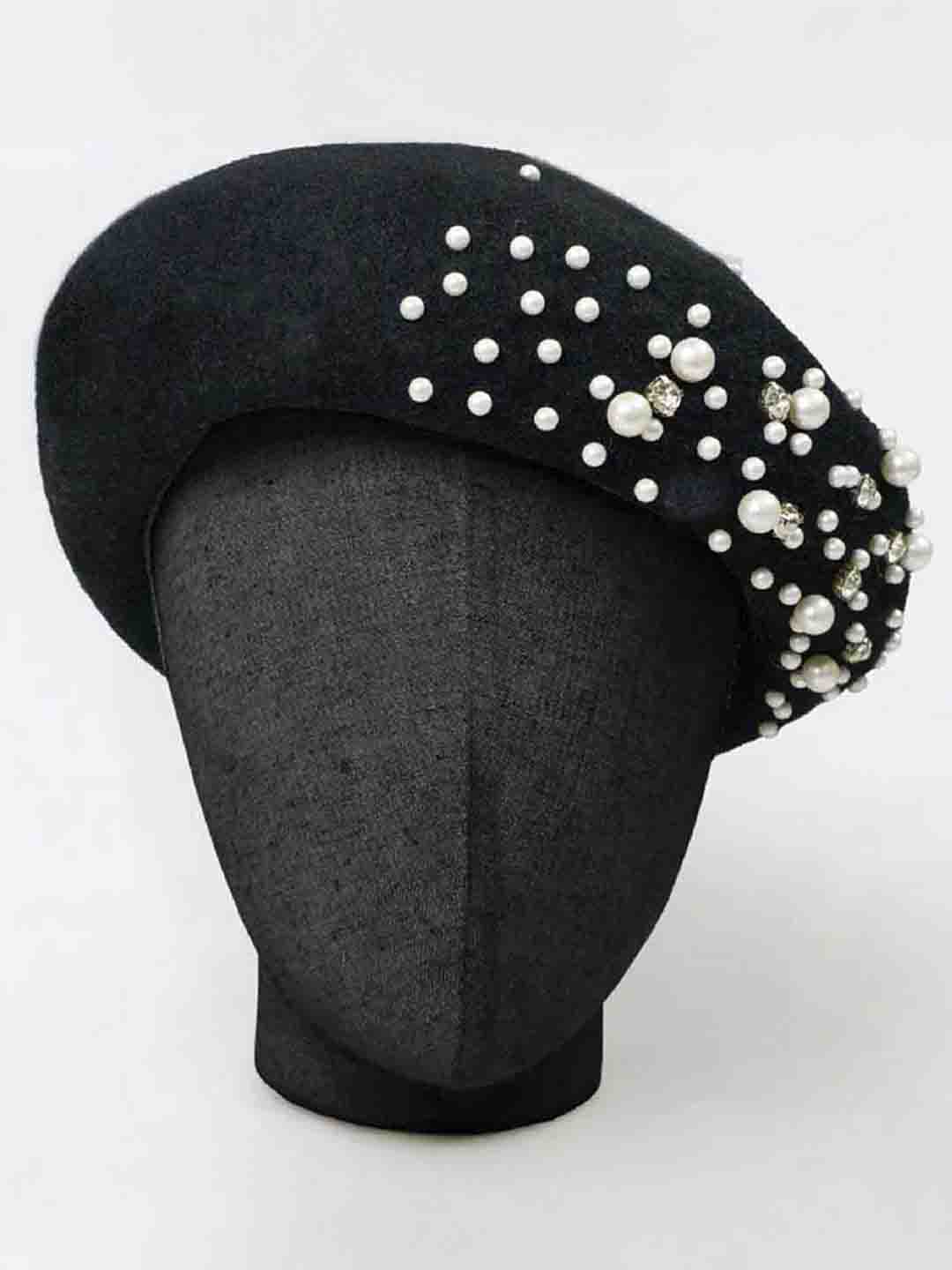 Black Beret with Pearls & Crystals