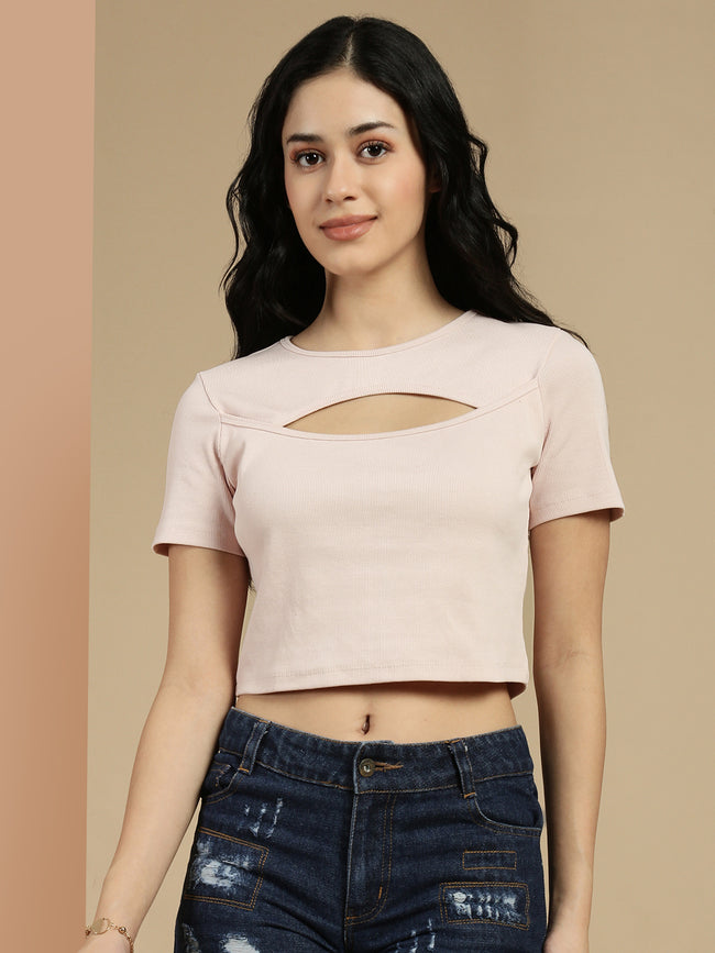 Women Pink Half Sleeve Crop Top