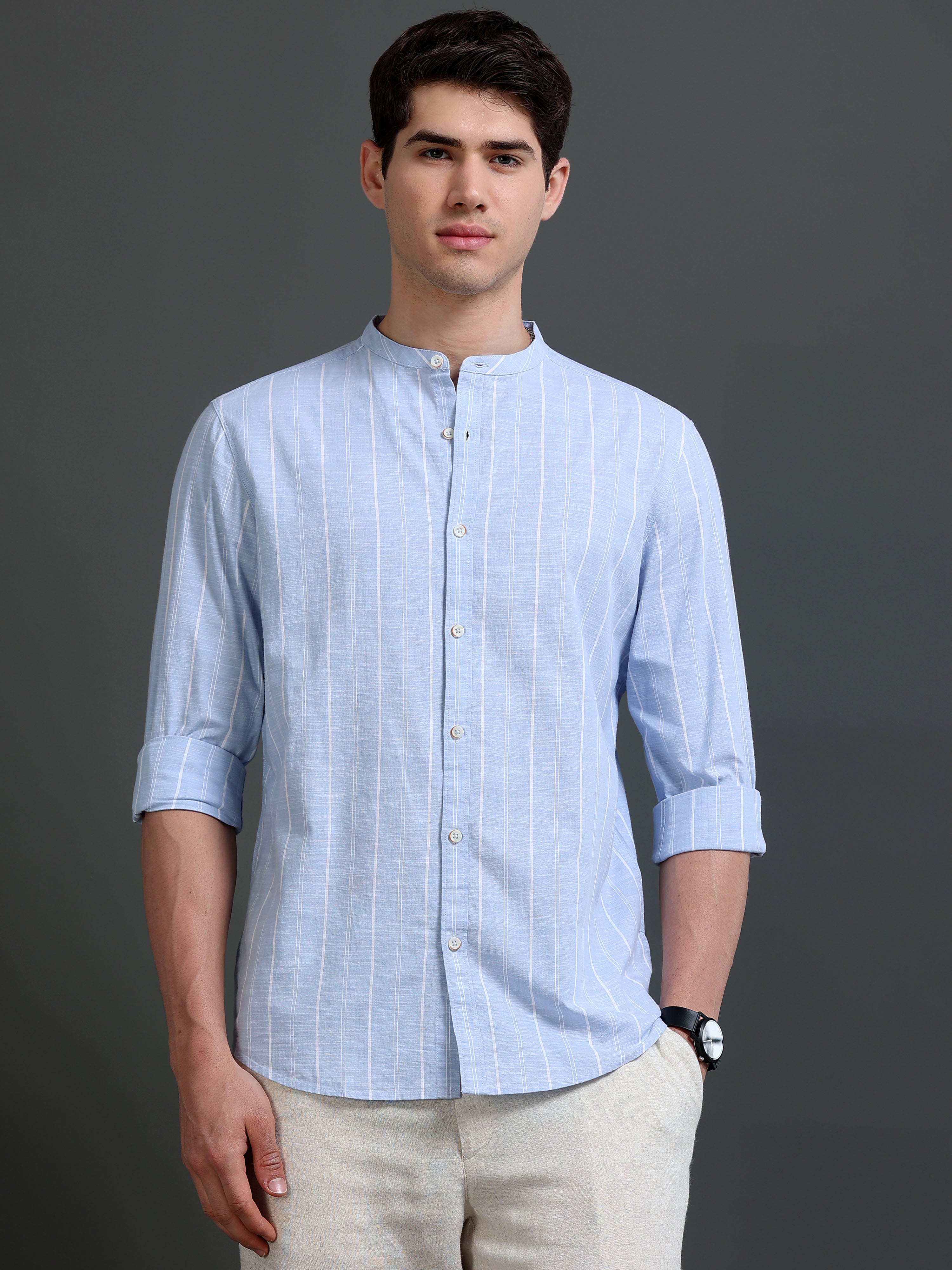 Men Blue Striped Cotton Shirt