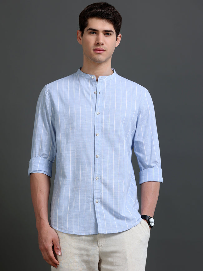 Men Blue Striped Cotton Shirt