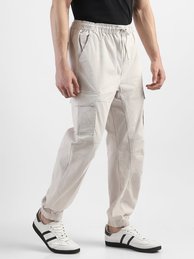 Men Light Grey  Cotton Blend Cargo Jogger Pants