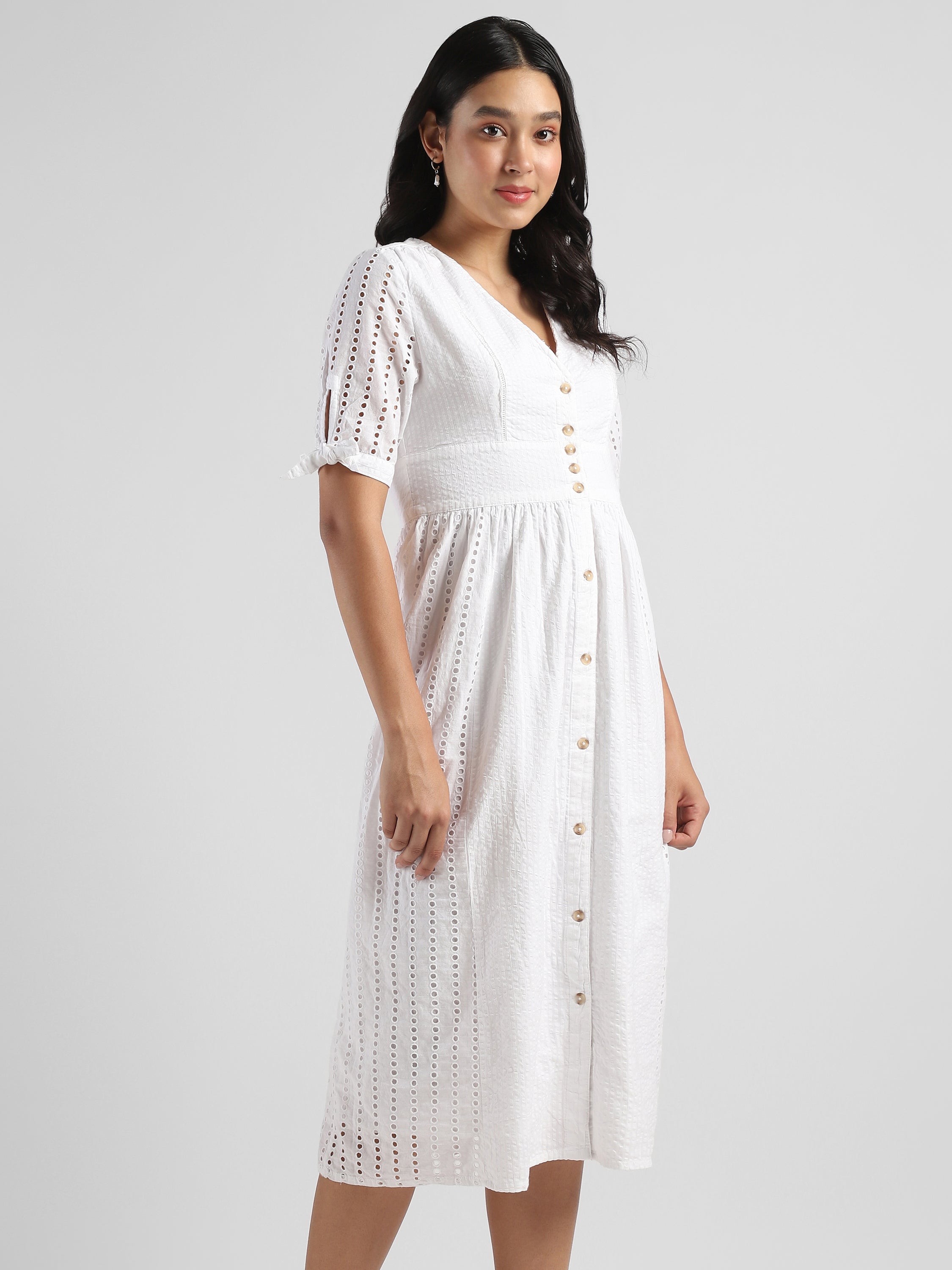 Women White Shiffli Midi Dress